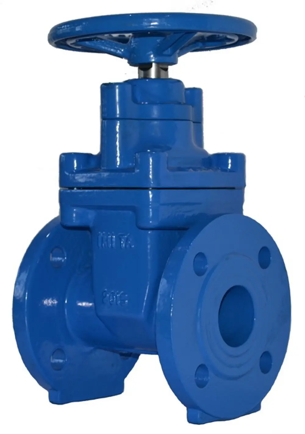 Blaue Absperrventil mit Handrad und Flanschen aus Sphäroguss, hergestellt von IMI Hydronic Engineering, geeignet für den Einsatz in Rohrleitungssystemen.